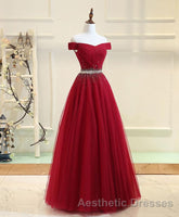 Burgundy Tulle Off Shoulder Long Evening Prom Dresses, Burgundy Evening Prom Dresses